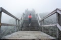 A lady climbing the wooden stairs to the summit of Mount Washington in New Hampshire, USA