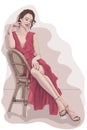 Elegant lady sitting on chair in cafe, abstract background.