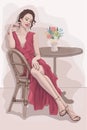 High detail elegant lady in red dress posing, sitting on wooden chair in cafe