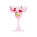 Lady cold cocktail with red cherry and green lime piece Royalty Free Stock Photo