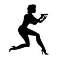 Lady decided running with a gun. Silhouette Woman, girl illustration of spy. Person a shoot of young armed