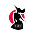 Lady design logo, fashion, beauty salon, studio or boutique, badge, fashion poster, placard, banner, silhouette of young