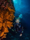 Lady diver and spectacular gorgonian