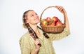 Lady farmer gardener know how cook many recipes with apples. Cook recipe concept. Woman villager carry basket natural