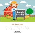 Lady farmer standing with organic plants sign
