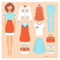 Lady. Fashion set. Young girl and clothes icons and accessories. Royalty Free Stock Photo