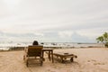 Lady feel relax on bed beach on holiday Royalty Free Stock Photo