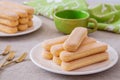 Lady finger biscuits, Italian dessert and sponge cookie on white plate and coffee cup Royalty Free Stock Photo