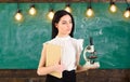 Lady in formal wear on calm face in classroom. Biology concept. Teacher of biology holds book and microscope. Lady