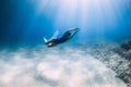 Lady free diver in swimsuit posing underwater at the deep in blue sea with sunlight Royalty Free Stock Photo