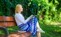 Lady freelancer working in park. Remote jobs browse top freelance remote work opportunities. Woman with laptop works Royalty Free Stock Photo