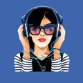 Lady in glasses with earphones listen to music