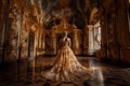 Lady in a golden dress on a gold palace interior background. Royalty Free Stock Photo