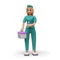 Lady in green professional medical costume holding medical kit and bottle with mixture