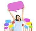 Lady and Group of Hands with Speech Bubbles Royalty Free Stock Photo