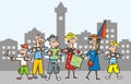 Traveling, Woman, guide and group of tourist at town, humorous vector illustration