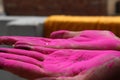 A lady displaying colured palm during holi festival in india