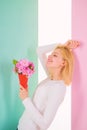 Lady happy received flowers from secret admirer. Who is her secret admirer Woman smiling dreamy try guess who fall in Royalty Free Stock Photo