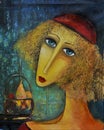 The lady in the hat. the picture painted in a surreal style. picture of a girl with blue eyes