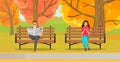 Lady in headpones sitting listening to music and browsing social media on smartphone. Man read news paper in autumn park Royalty Free Stock Photo