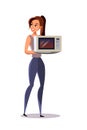 Lady holding microwave flat vector illustration