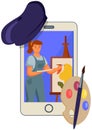 Lady holding a paintbrush on smartphone screen. Girl artist paints a picture vector illustration
