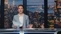 Lady journalist translating news closeup. Anchor presenting evening live report Royalty Free Stock Photo