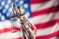 Lady Justice and American flag. Symbol of law and justice with U