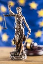 Lady Justice and European Union flag. Symbol of law and justice Royalty Free Stock Photo