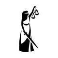 Lady justice. Statue of the blind goddess Themis in a toga with a sword, scales. Vector illustration, icon, logo. The concept of