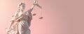 The Lady Justice statue holding scales in a soft pink background. AI generated image Royalty Free Stock Photo