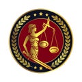 Lady Justice Themis Emblem. Personification of order, fairness, law, rule, statute.