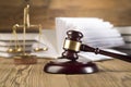 Lady of justice, Wooden & gold gavel and books Royalty Free Stock Photo