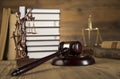 Lady of justice, Wooden & gold gavel and books Royalty Free Stock Photo