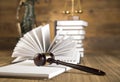 Lady of justice, Wooden & gold gavel and books Royalty Free Stock Photo