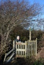 Lady at kissing gate on public footpath, winter Royalty Free Stock Photo