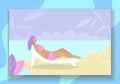 Lady Lies on Chaise Lounge Sunbathing on Beach