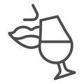 Lady lips and a glass of wine line icon. Woman tasting or drinking wine outline style pictogram on white background