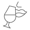 Lady lips and a glass of wine thin line icon. Woman tasting or drinking wine outline style pictogram on white background