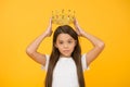 Lady little princess. Compelling baby. Kid wear golden crown symbol of princess. Girl cute baby wear crown while stand Royalty Free Stock Photo