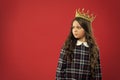 Lady little princess. Girl wear crown red background. Monarch family concept. Princess manners. Monarch attribute. Kid