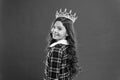 Lady little princess. Girl wear crown red background. Spoiled child concept. Egocentric princess. World spinning around