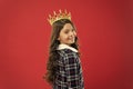 Lady little princess. Girl wear crown red background. Spoiled child concept. Egocentric princess. World spinning around