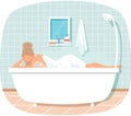 Lady lying in bathtub is relaxing in bathroom and bathing with steam and foam vector illustration