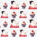 Lady and muffin seamless watercolor pattern, hand drawn clipart, colorful illustration good for wallpaper