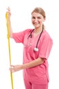 Lady nutritionist measuring with yellow tape