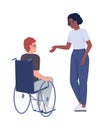 Lady offers help to disabled man semi flat color vector characters