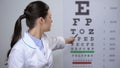 Lady ophthalmologist satisfied with eyesight eyechart test results, good vision