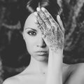 Lady with painted hands mehendi Royalty Free Stock Photo