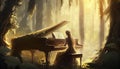 A lady playing piano at sun shine forest image generative AI Royalty Free Stock Photo